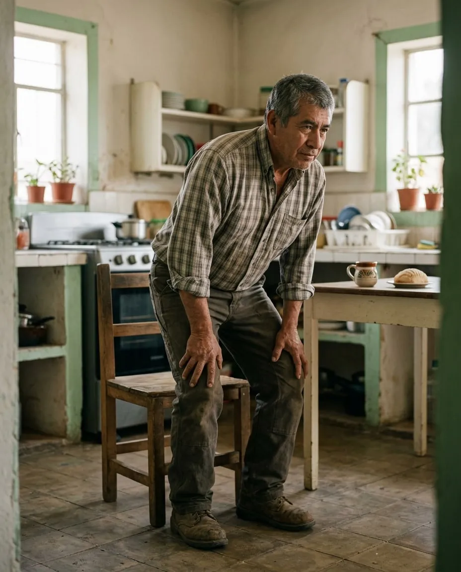 Hombre de unos 58 años levantándose con esfuerzo de una silla, con las manos sobre las rodillas