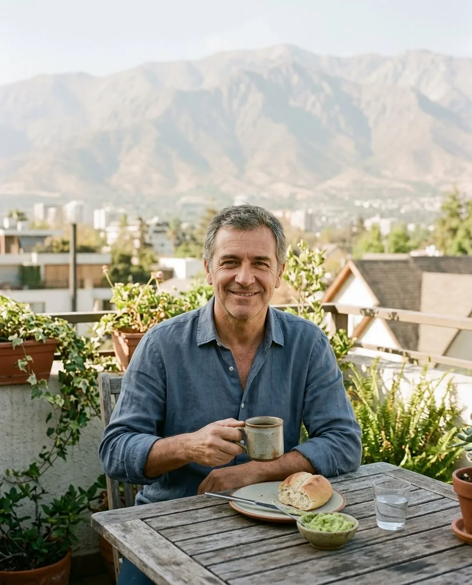 Hombre chileno de unos 50 años, descansado, tomando desayuno en la terraza de su casa con la cordillera al fondo