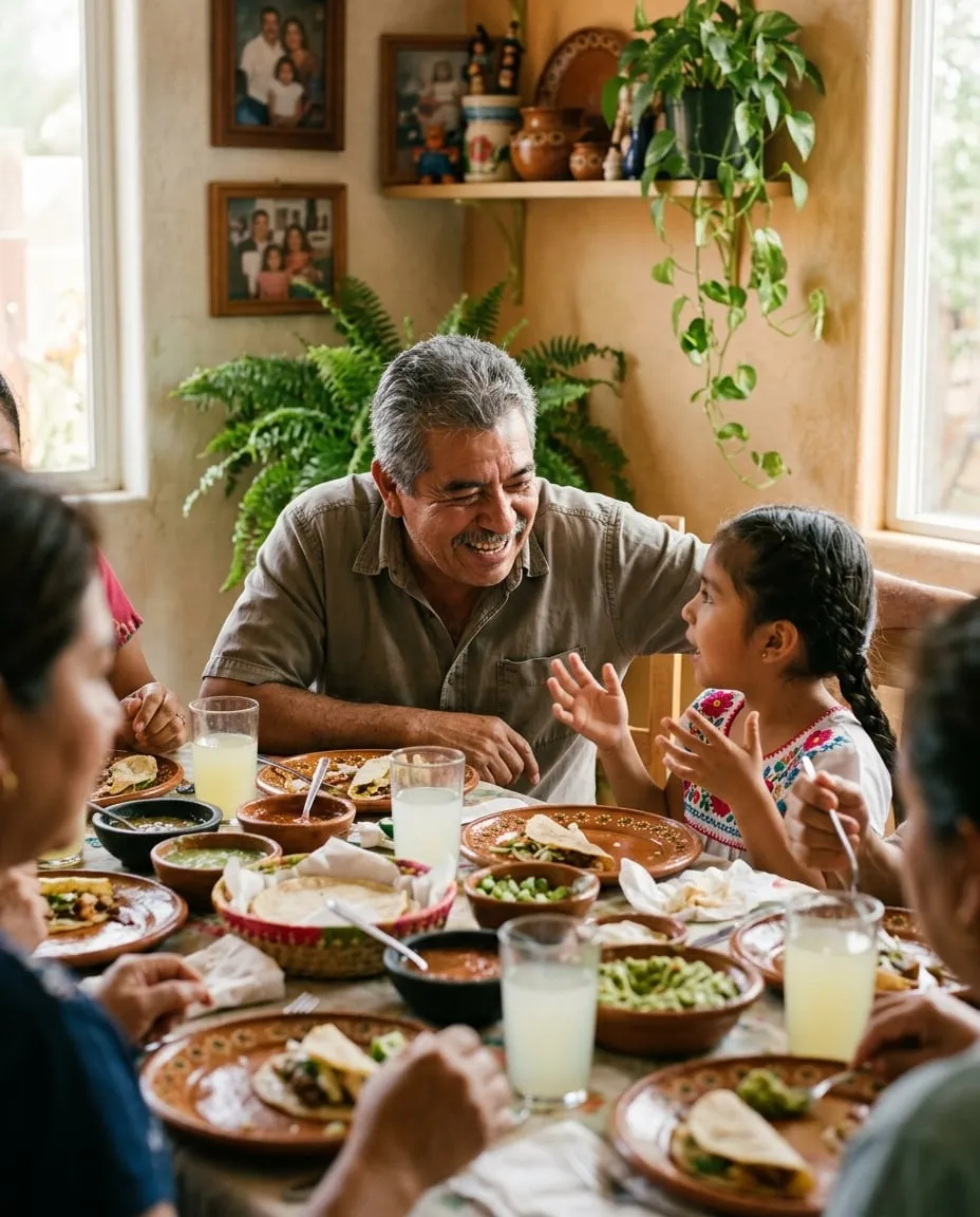 Hombre de unos 60 años riendo en una sobremesa familiar, inclinado hacia su nieta que le cuenta algo