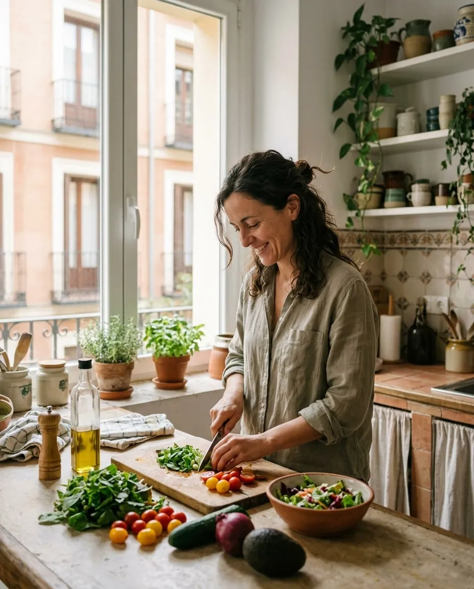 Mujer de unos 40 años preparando una ensalada en la cocina de su casa, sonriente