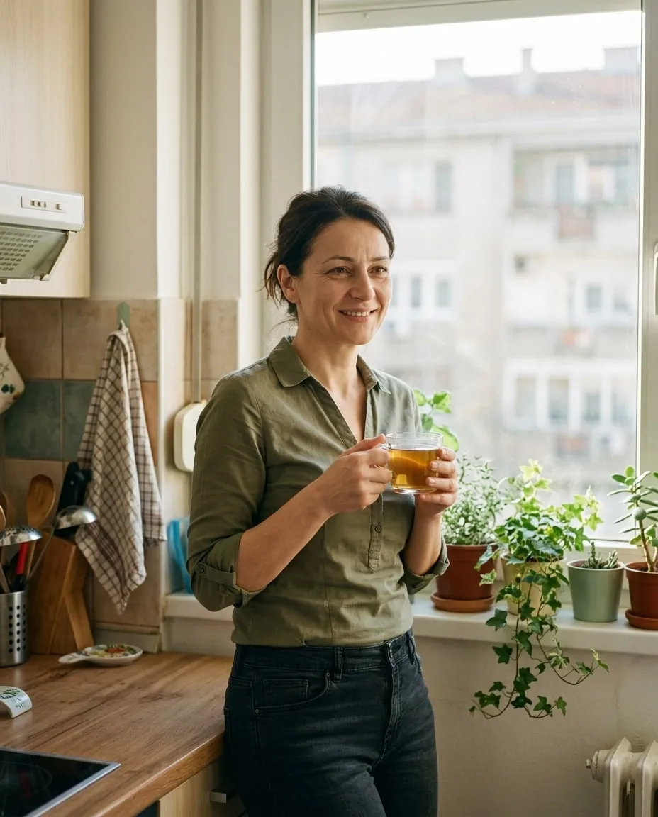 Žena od oko 45 godina u svetloj kuhinji drži šolju čaja i smeje se