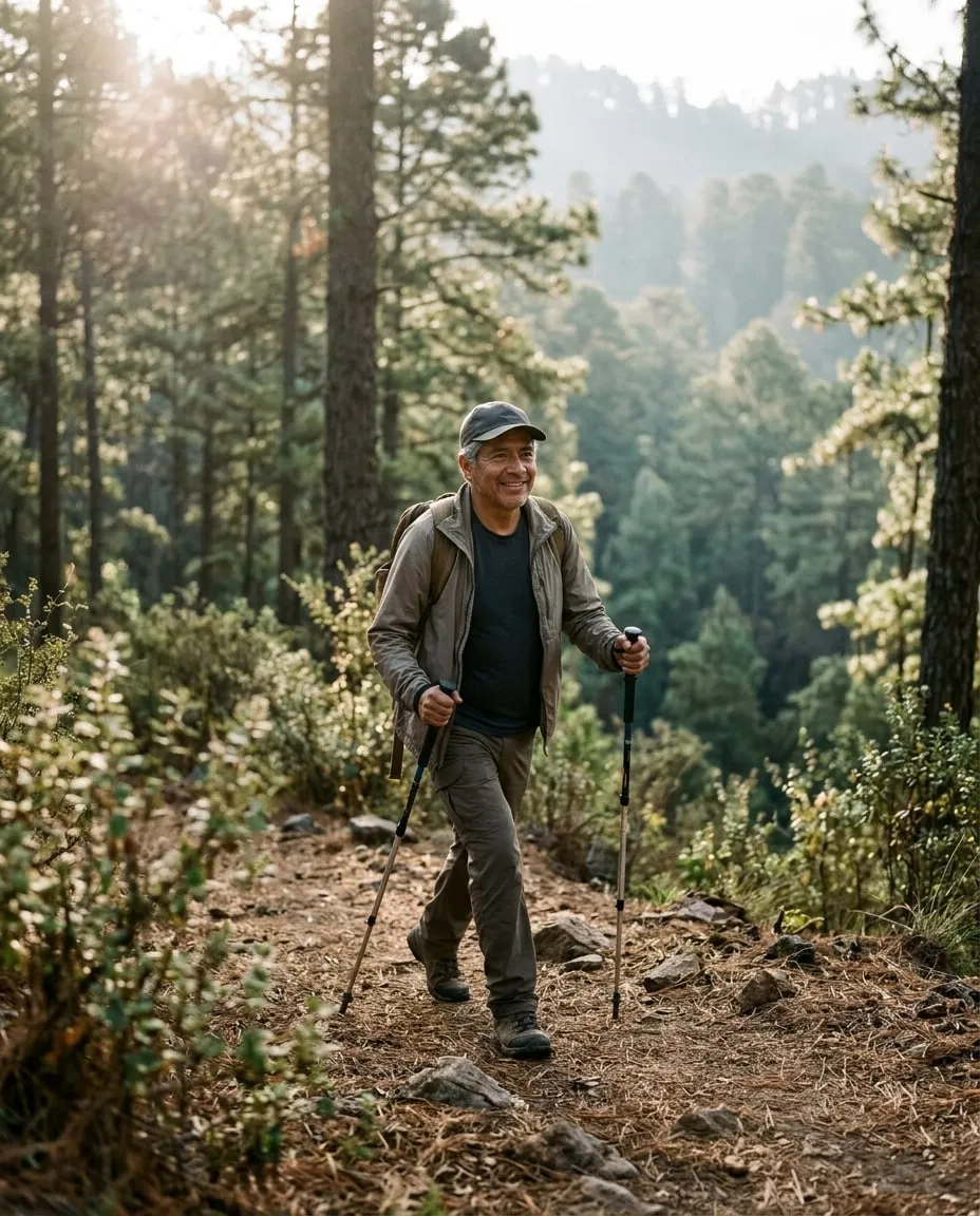 Hombre de unos 55 años caminando por un sendero de montaña con bastones, sonriente