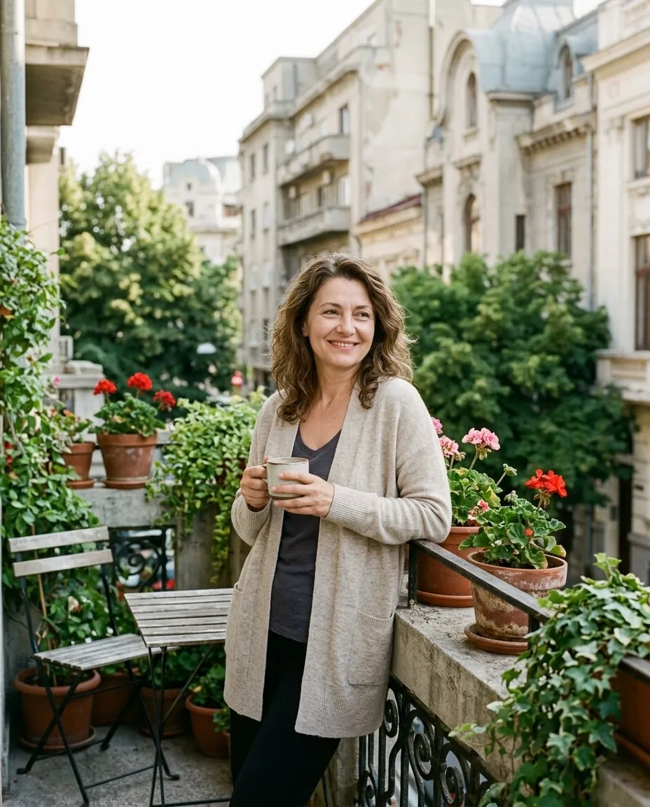 Femeie de aproximativ 50 de ani, odihnită, bând cafea dimineața pe balconul apartamentului