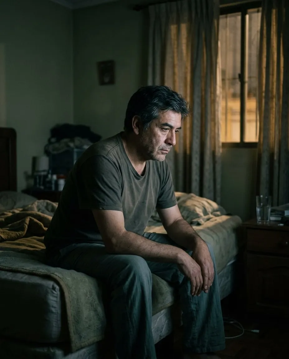Hombre de unos 50 años despierto de madrugada sentado en la cama, con gesto cansado