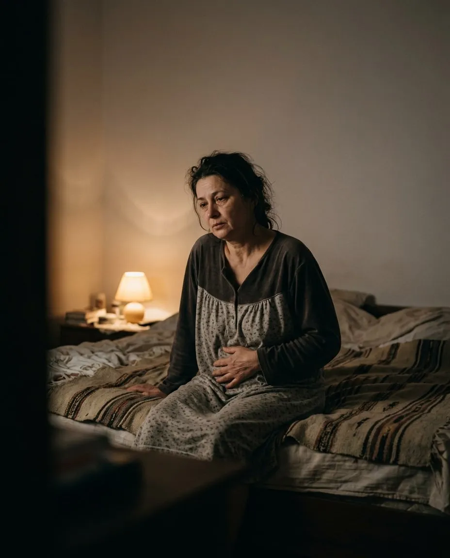 Femeie de aproximativ 50 de ani așezată pe marginea patului noaptea, în lumina slabă a veiozei, cu mâna pe abdomen