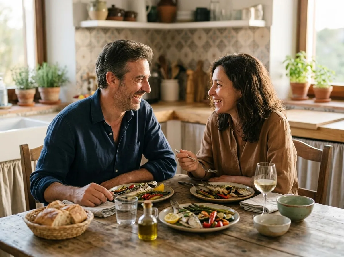 Pareja de unos 40 años comiendo un plato de verduras y pescado en casa