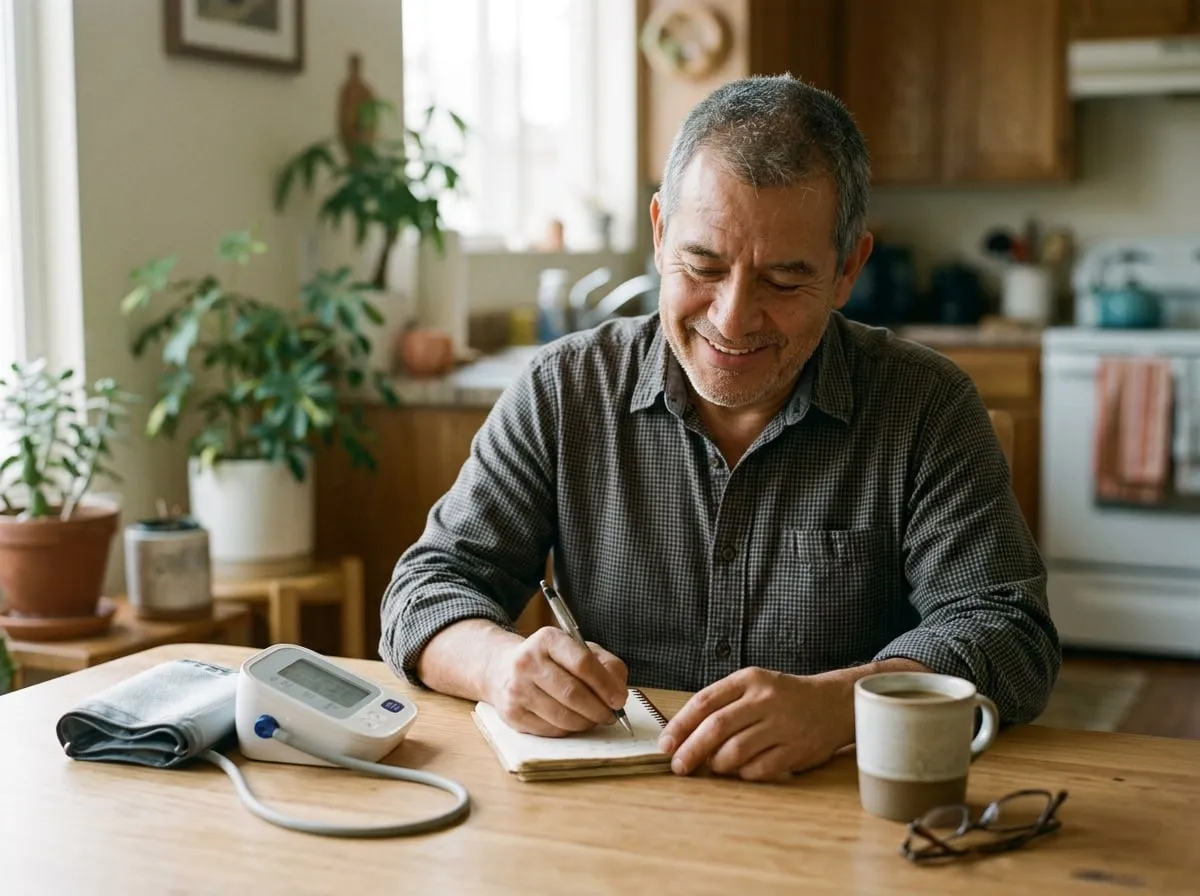 Hombre de unos 55 años sonriendo mientras anota su presión en una libreta en la mesa de su casa