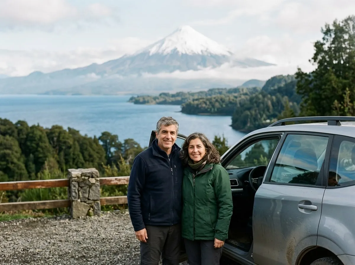 Pareja de unos 50 años junto a su auto en un mirador del sur de Chile