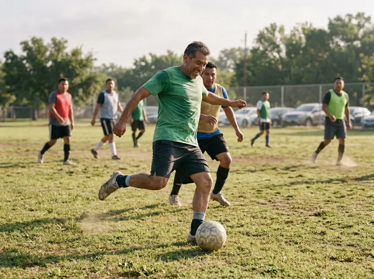 Hombre de unos 50 años jugando futbol amateur en una cancha de pasto, contento