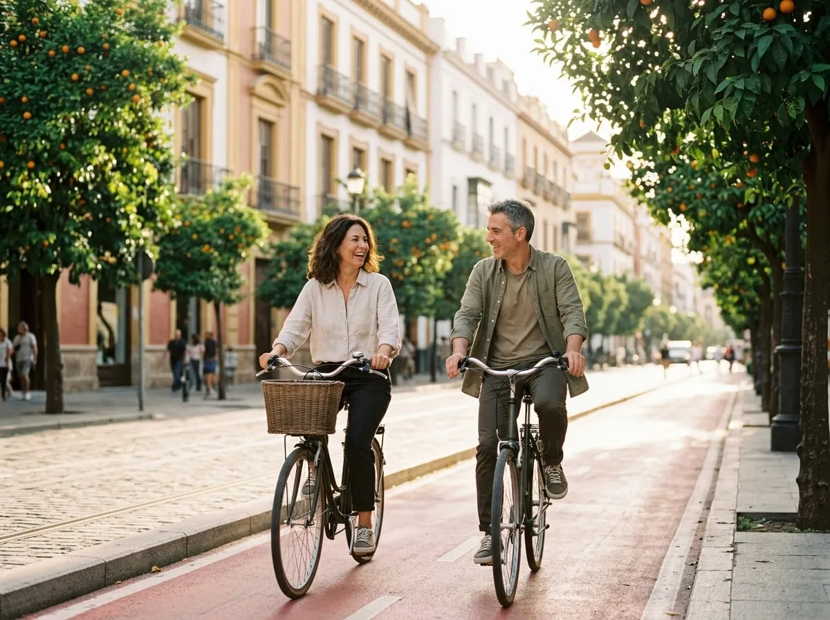 Pareja de unos 45 años paseando en bicicleta por un carril bici en una ciudad española