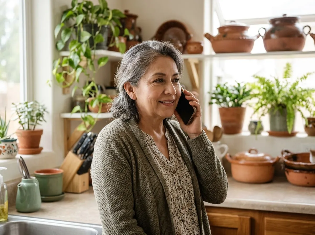 Mujer de unos 60 años hablando por celular en su cocina, sonriente