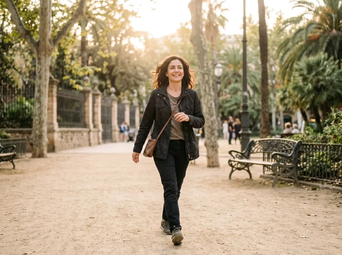 Mujer de unos 40 años caminando a paso ligero por un parque al atardecer