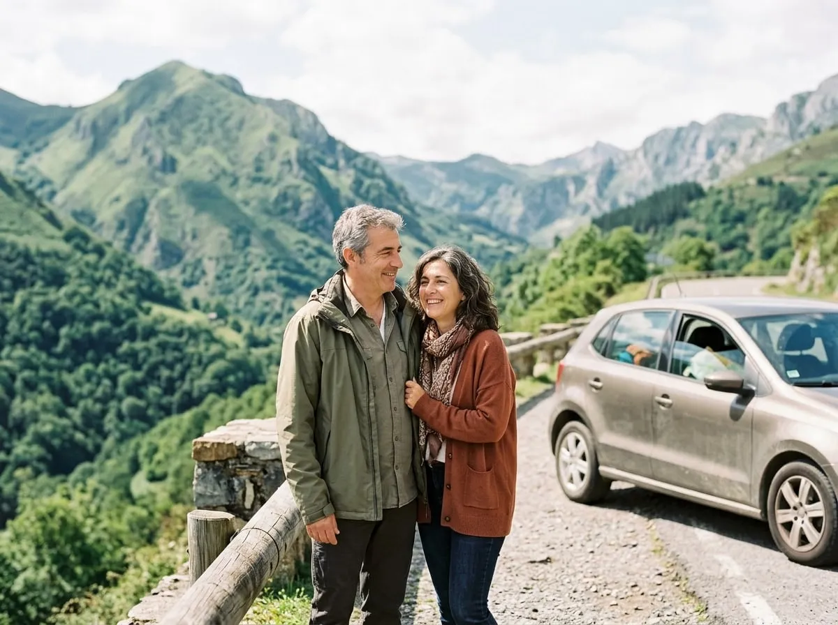 Pareja de unos 55 años en un mirador de carretera con el paisaje de fondo