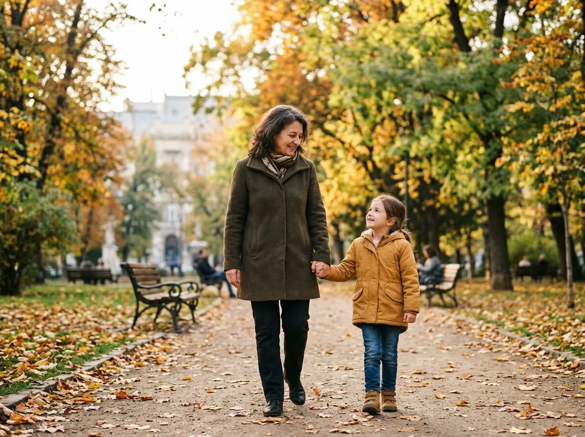Bunică de aproximativ 55 de ani plimbându-se de mână cu nepoata într-un parc