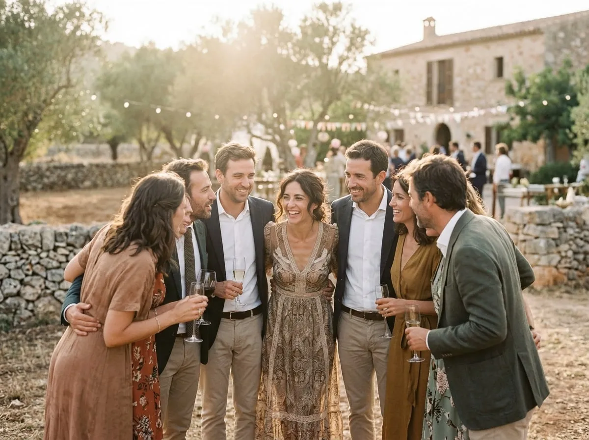 Mujer de unos 40 años sonriendo en una foto de grupo en una boda al aire libre
