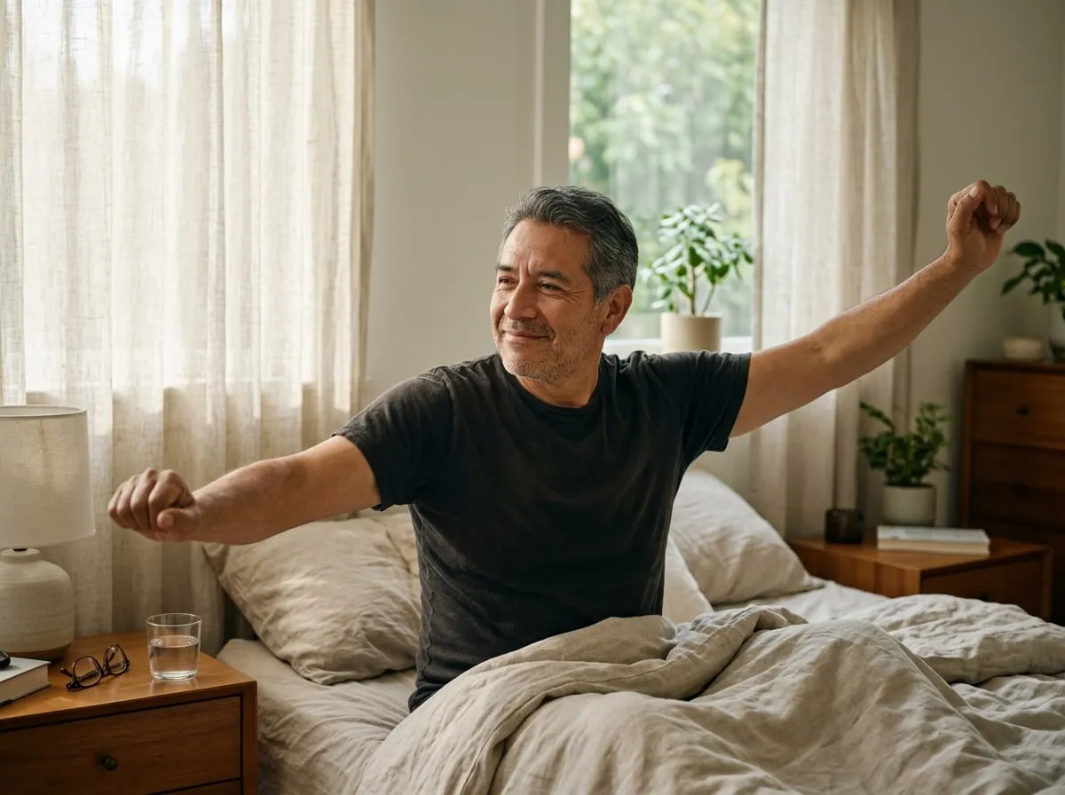 Hombre despertando descansado y estirándose en la cama
