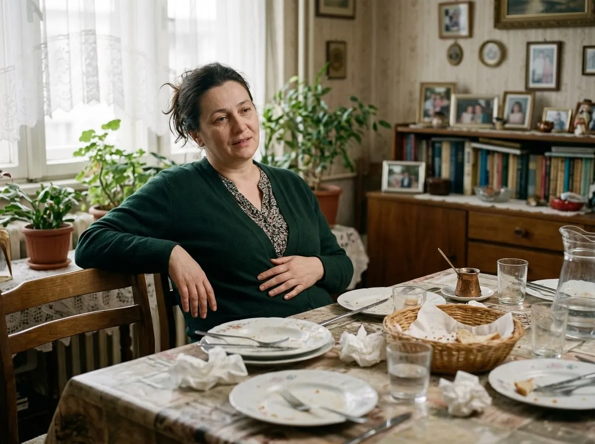 Žena od oko 45 godina posle ručka sedi za stolom i drži ruku na stomaku