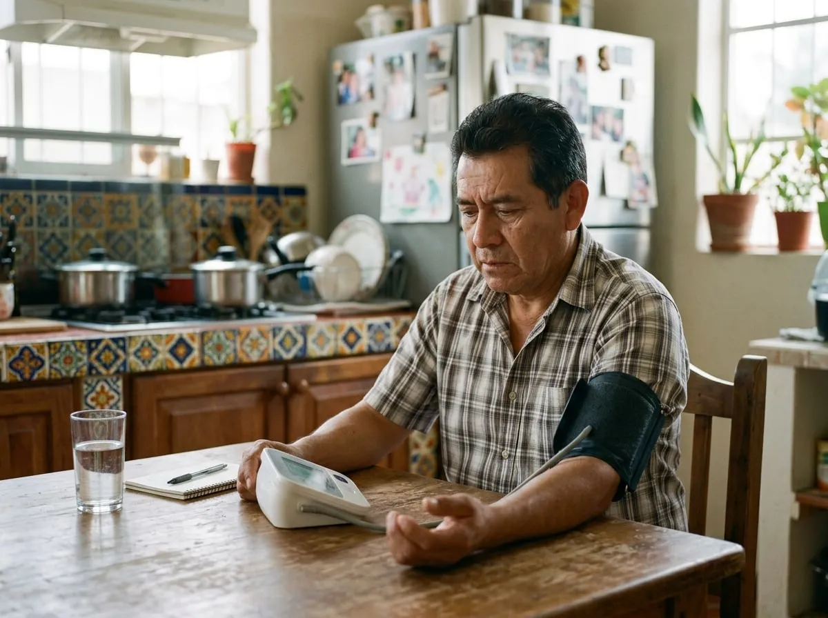 Hombre de unos 55 años en la cocina de su casa revisando su presión con un baumanómetro digital de brazo