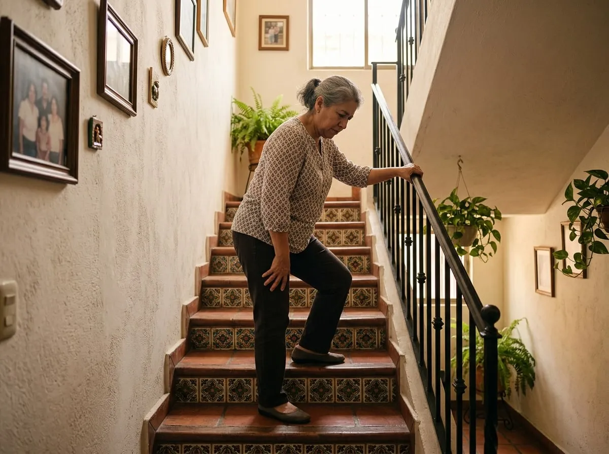 Mujer subiendo la escalera de su casa agarrada del barandal y con una mano en la rodilla